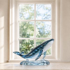 Puede incluir: Una escultura de cristal azul translúcido de una ballena jorobada con un patrón moteado en todo el cuerpo. La ballena se muestra en una pose de nado dinámica, montada sobre una base de cristal transparente con forma de ola.