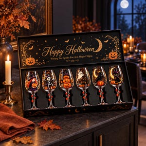 Op de afbeelding: Een zwarte geschenkdoos met zes wijnglazen voorzien van Halloween-illustraties. Het deksel bevat de tekst Happy Halloween Wishing You Spooky Fun And Magical Nights. Elk glas toont unieke ontwerpen, waaronder een heks, skelet, pompoenen, spook, raaf en zwarte kat.