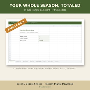 May include: A digital spreadsheet template for Excel and Google Sheets titled Hunting Season Log. The dashboard displays sample data including entries logged, unique species, and total spend, with seven tracking tabs at the bottom of the grid.