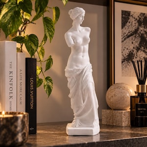 Puede incluir: Una escultura blanca mate de la Venus de Milo, que representa una figura femenina con el torso sin brazos y tela drapeada alrededor de las caderas, sobre una base rectangular. La estatua presenta rasgos faciales detallados y un moño.