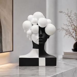 Peut inclure: Une sculpture de buste bicolore noir et blanc représentant une tête humaine surmontée d'un amas de sphères lisses de tailles variées. La base est rectangulaire et divisée en sections noires et blanches, reflétant le schéma de couleurs.