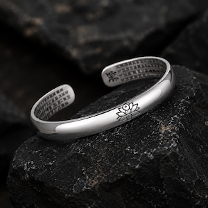 999 Sterling Silver Lotus Feng Shui Bracelet, Tibetan Buddhist Heart Sutra Cuff Bracelet, Vintage Lucky Wealth Amulet