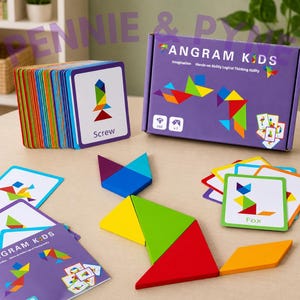 May include: A Tangram Kids educational puzzle set featuring a purple box with the text 'ANGRAM KIDS', a stack of colourful pattern cards including one labelled 'Screw', and various geometric wooden shapes arranged to form a fox figure.