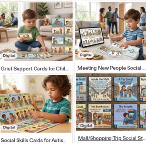 May include: A collection of educational social story cards for children featuring illustrated scenes of daily activities, social interactions, and mall visits with printed text captions, presented in both physical card sets and digital tablet displays.