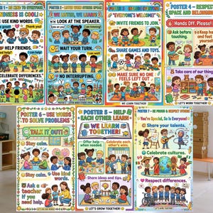 Può includere: Un set di sette poster educativi colorati che raffigurano bambini diversi in contesti scolastici. Ogni poster include scene illustrate e testi come Kindness Is Cool, Listen When Others Speak, Include Everyone, Respect Space and Belongings, Use Words to Solve Problems, Help Each Other Learn e Be Proud and Respect Others.