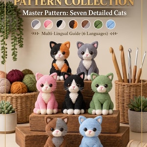 Könnte beinhalten: Eine digitale Grafik mit dem Titel Deluxe Crochet Pattern Collection Master Pattern: Seven Detailed Cats. Das Bild zeigt sieben gehäkelte Katzenfiguren in verschiedenen Farben, darunter dreifarbig, grau, rosa, schwarz, grün, braun und hellblau.