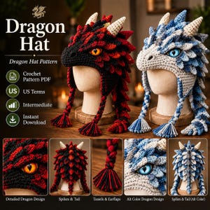 May include: Two crochet dragon hats featuring textured scales, horns, and braided earflaps with tassels. One hat is black and red with orange eyes, the other is blue and white with blue eyes. The text reads Dragon Hat, Dragon Hat Pattern, Crochet Pattern PDF, US Terms, Intermediate, Instant Download.