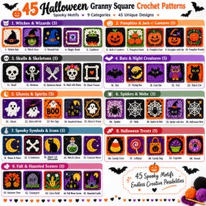 May include: A digital display of 45 Halloween granny square crochet patterns organized into nine categories including witches, pumpkins, skulls, bats, ghosts, spiders, symbols, treats, and fall scenes, featuring colorful yarn motifs and text.