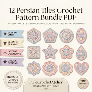 May include: A digital PDF pattern bundle titled 12 Persian Tiles Crochet Pattern Bundle PDF, featuring twelve distinct crochet motifs in pastel pink, blue, and cream colors, including geometric, floral, star, and heart shapes on a cream background.