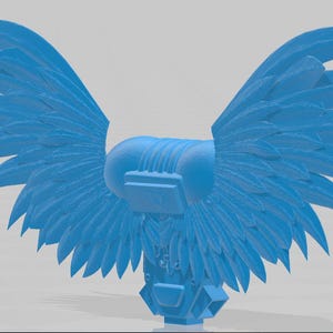 May include: A light blue 3D printed miniature backpack accessory featuring two large, expansive feathered wings extending outward from a central cylindrical pack with a rectangular base and geometric detailing on the lower section.