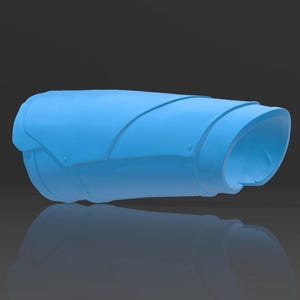 May include: A light blue forearm guard featuring a smooth, curved, multi-layered design with visible seam lines and a cylindrical shape. The piece has a solid, matte finish and a consistent colour throughout, showing a clear, structured form.