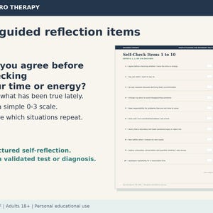 May include: A digital PDF worksheet titled Navarro Therapy with 30 guided reflection items. The page features the text Do you agree before checking your time or energy? Rate what has been true lately. Use a simple 0-3 scale. Notice which situations repeat.