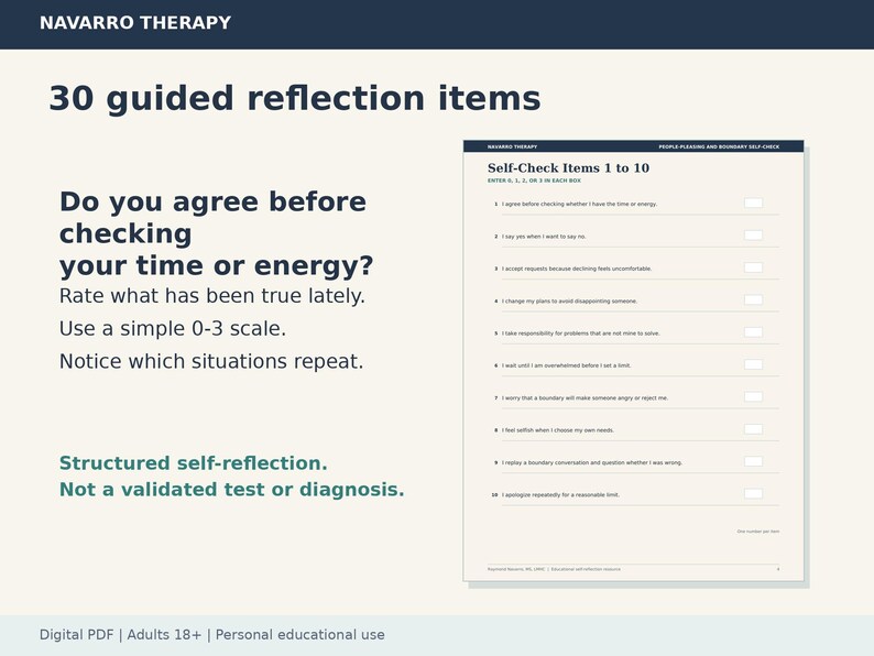 May include: A digital PDF worksheet titled Navarro Therapy with 30 guided reflection items. The page features the text Do you agree before checking your time or energy? Rate what has been true lately. Use a simple 0-3 scale. Notice which situations repeat.