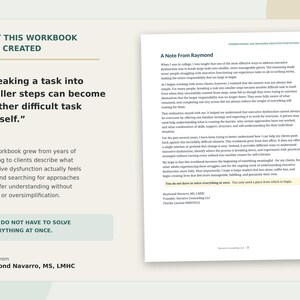 Op de afbeelding: Een werkboekpagina getiteld A Note From Raymond met donkere tekst op een lichte achtergrond. De tekst bespreekt executief disfunctioneren en het opdelen van taken. Het bevat het citaat Breaking a task into smaller steps can become another difficult task in itself en de zin You do not have to solve everything at once.