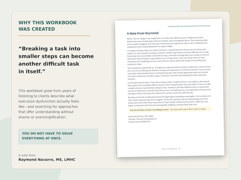 Op de afbeelding: Een werkboekpagina getiteld A Note From Raymond met donkere tekst op een lichte achtergrond. De tekst bespreekt executief disfunctioneren en het opdelen van taken. Het bevat het citaat Breaking a task into smaller steps can become another difficult task in itself en de zin You do not have to solve everything at once.
