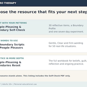 May include: A digital PDF resource guide titled Navarro Therapy, Choose the resource that fits your next step. It lists three options: People-Pleasing & Boundary Self-Check, 50 Boundary Scripts for People Pleasers, and People-Pleasing & Boundaries Reset, noting this listing includes the Self-Check PDF only.