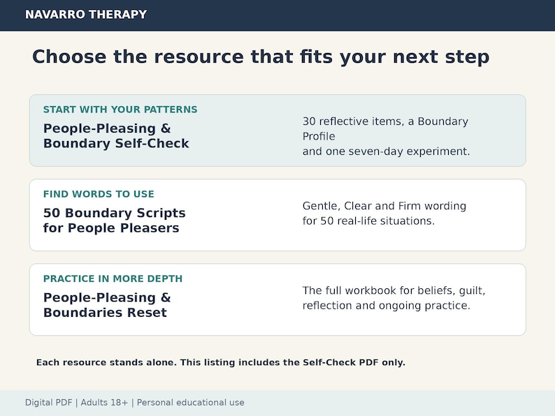 May include: A digital PDF resource guide titled Navarro Therapy, Choose the resource that fits your next step. It lists three options: People-Pleasing & Boundary Self-Check, 50 Boundary Scripts for People Pleasers, and People-Pleasing & Boundaries Reset, noting this listing includes the Self-Check PDF only.
