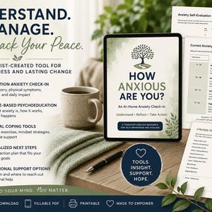 May include: A digital tablet displaying the title How Anxious Are You? An At-Home Anxiety Check-In, accompanied by printed assessment forms, a ceramic mug, and a pen. The text includes Understand, Manage, Take Back Your Peace, and lists features like a 24-question check-in, psychoeducation, coping tools, and support options.