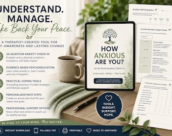 May include: A digital tablet displaying the title How Anxious Are You? An At-Home Anxiety Check-In, accompanied by printed assessment forms, a ceramic mug, and a pen. The text includes Understand, Manage, Take Back Your Peace, and lists features like a 24-question check-in, psychoeducation, coping tools, and support options.