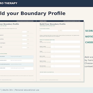 May include: A two-page Navarro Therapy worksheet titled Build your Boundary Profile. The left page features a Score Your Boundary Profile section with blank fields for numerical input. The right page includes a Build Your Boundary Profile section.