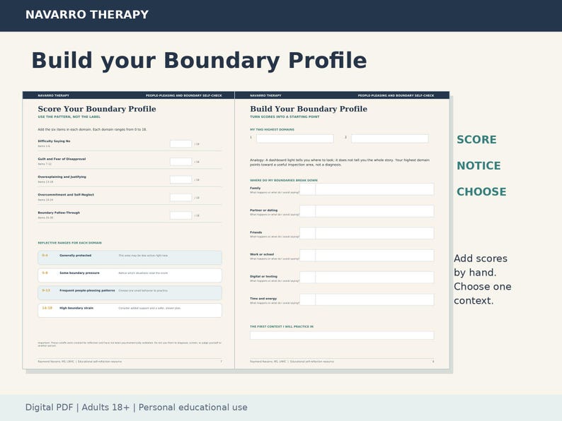 May include: A two-page Navarro Therapy worksheet titled Build your Boundary Profile. The left page features a Score Your Boundary Profile section with blank fields for numerical input. The right page includes a Build Your Boundary Profile section.