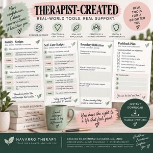 May include: A collection of four printable therapy worksheets titled Family Scripts, Self-Care Scripts, Boundary Reflection, and Pushback Plan. The set includes a sage green mug with text, a stack of books, and informational icons on a white background.