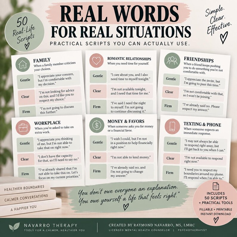 May include: A digital guide titled Real Words for Real Situations featuring 50 scripts for family, romantic relationships, friendships, workplace, money, and texting. The layout uses sage green and soft pink accents with clear, firm, and gentle categories.
