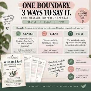 May include: An educational infographic titled One Boundary, 3 Ways to Say It, featuring a guide on gentle, clear, and firm communication. It includes a book titled What Do I Say? 50 Boundary Scripts for Real Life, alongside text boxes explaining how to set boundaries with confidence, protect time, and handle pushback.