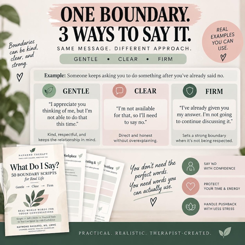 May include: An educational infographic titled One Boundary, 3 Ways to Say It, featuring a guide on gentle, clear, and firm communication. It includes a book titled What Do I Say? 50 Boundary Scripts for Real Life, alongside text boxes explaining how to set boundaries with confidence, protect time, and handle pushback.