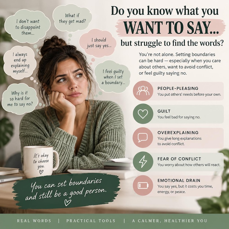 May include: An informational graphic titled Do you know what you WANT TO SAY... but struggle to find the words? It features a list of boundary-setting challenges like people-pleasing, guilt, overexplaining, fear of conflict, and emotional drain.