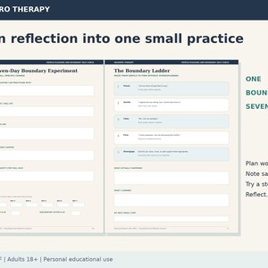 May include: A two-page digital PDF worksheet titled Navarro Therapy. The left page features Your Seven-Day Boundary Experiment with blank fields for practice. The right page displays The Boundary Ladder with five steps and reflection prompts.