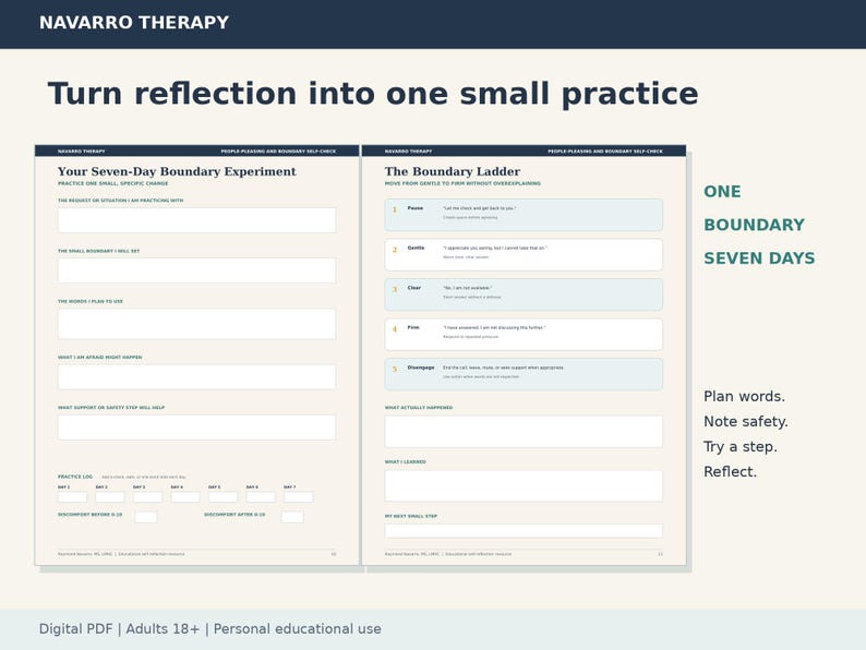 May include: A two-page digital PDF worksheet titled Navarro Therapy. The left page features Your Seven-Day Boundary Experiment with blank fields for practice. The right page displays The Boundary Ladder with five steps and reflection prompts.