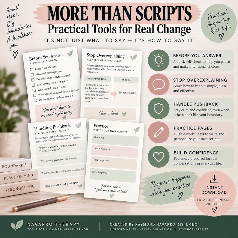 May include: A digital product titled More Than Scripts featuring practical tools for real change. The set includes four printable pages with text on boundaries, self-check lists, and practice worksheets in soft green, pink, and beige tones.