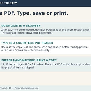May include: An instructional graphic for Navarro Therapy titled One PDF. Type, save or print. It lists three steps: 1. Download in a browser, 2. Type in a compatible PDF reader, and 3. Prefer handwriting? Print a copy, noting 12 US Letter pages, 8.5 x 11 inches.