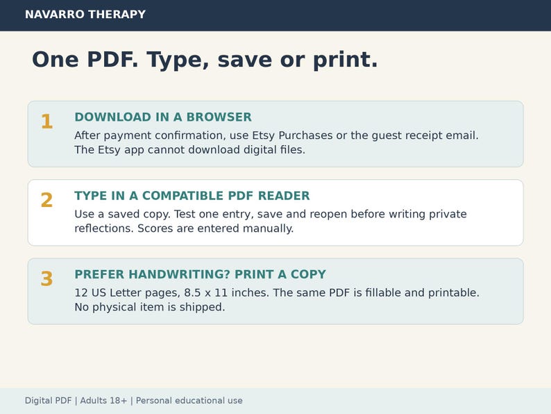 May include: An instructional graphic for Navarro Therapy titled One PDF. Type, save or print. It lists three steps: 1. Download in a browser, 2. Type in a compatible PDF reader, and 3. Prefer handwriting? Print a copy, noting 12 US Letter pages, 8.5 x 11 inches.