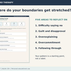May include: A digital PDF document titled Navarro Therapy: Where do your boundaries get stretched? It features a rating scale from 0 to 3 and lists five areas to reflect on: difficulty saying no, guilt and disapproval, overexplaining, overcommitment, and following through.