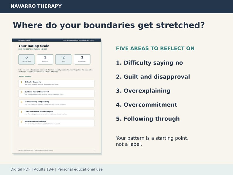 May include: A digital PDF document titled Navarro Therapy: Where do your boundaries get stretched? It features a rating scale from 0 to 3 and lists five areas to reflect on: difficulty saying no, guilt and disapproval, overexplaining, overcommitment, and following through.