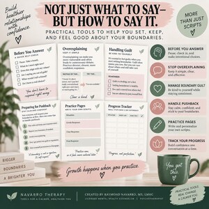 May include: A collection of educational worksheets titled Not Just What To Say&mdash;But How To Say It, featuring sections on boundaries, guilt, and scripts. Includes a green mug with the text You got this and a stack of books labeled Bigger Boundaries.