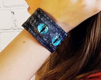 Dragon Bracelet with Eyes, Blue Dragon Leather Cuff, Creature Feature Blue Dragon Jewelry Textured Leather Bracelet