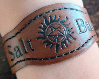 Salt and Burn Supernatural Bracelet, Leather Cuff, Salt and Burn, Possession Ward Bracelet Cosplay Hand Made In The USA