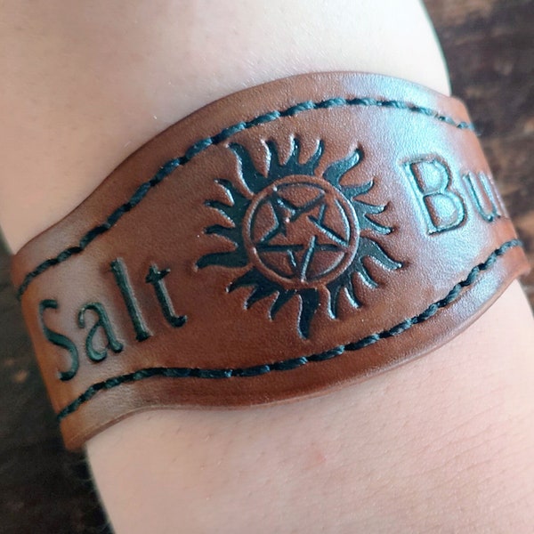 Salt and Burn Supernatural Bracelet, Leather Cuff, Salt and Burn, Possession Ward Bracelet Cosplay Hand Made In The USA