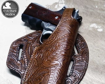 Classic Pancake Style Leather Holster With Embossed Leather Options, Hand Made in the USA
