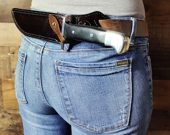 BUCK 120 Messerscheide Horizontale Ausführung hinter dem Rücken Leder, Made in USA BUCK Ledermesserscheide