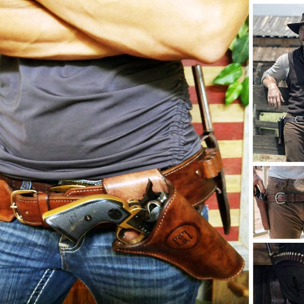 Magnificent 7 Chris Pratt Style Leather Rig Double Holsters with Ammo Loops 1911 GLOCK Revolvers Leather Cross Draw Holster GunFighter Rig