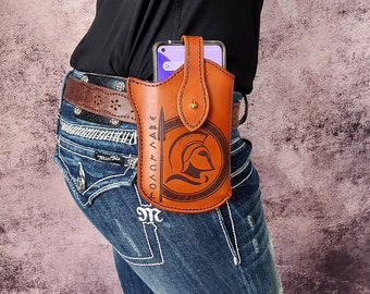 Telefoonholster voor iPhone 15 Pro Max, Google Pixel 8 Pro, Samsung Galaxy, lederen telefoonhoes in westerse stijl met riem, Molon Labe Spartan