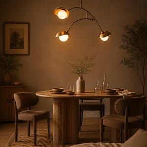 3 Light Brass Chandelier | Modern Dining Room Pendant Light | Mid Century Ceiling Light | Gold Hanging Chandelier | Sculptural Home Lighting