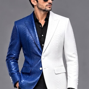 Men's Blue White Snakeskin Leather Blazer, Two Tone Python Suit Jacket, Formal Party Fashion