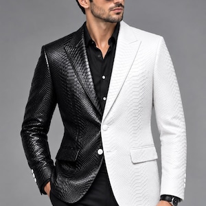Men's Two Tone Snakeskin Leather Blazer, Textured Python Suit Jacket, Luxury Formal Party Outerwear