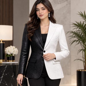 May include: A two-toned blazer featuring a black right side and a white left side, both with a textured snakeskin pattern. The garment has a notched lapel, long sleeves, two front flap pockets, and a single-button closure at the centre front.