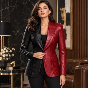 Women's Black Red Snakeskin Leather Blazer, Two Tone Python Jacket, Formal Party Fashion Outerwear